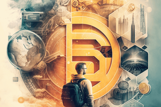 Traveler with in the background a vision of blockchain and world impact